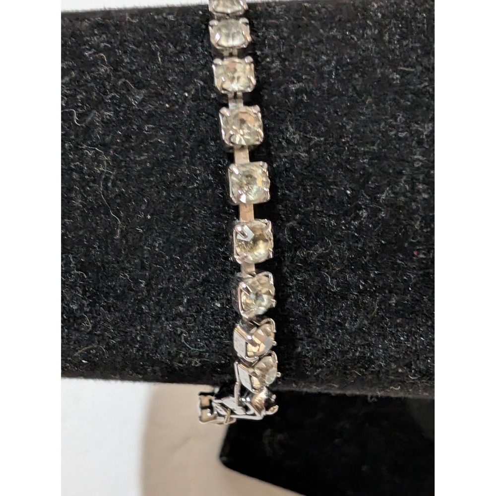 Vintage Silver Tone Square Cut Clear Rhinestone Tennis Bracelet 6.75 Inch